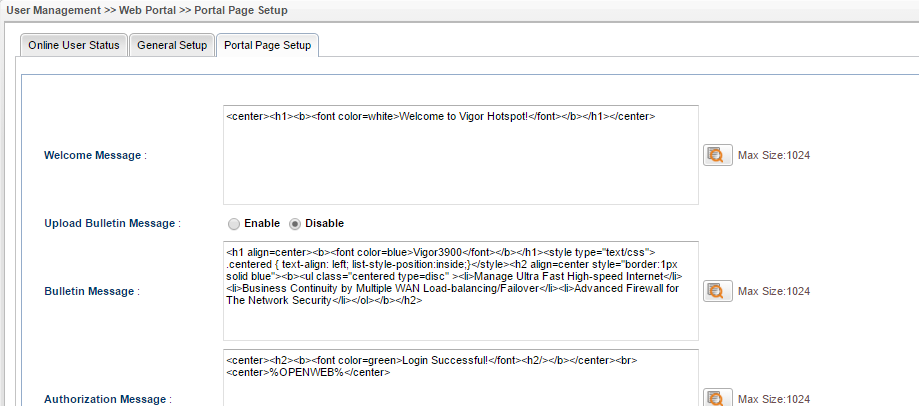 a screenshot of Vigor3900 Web Portal Setup